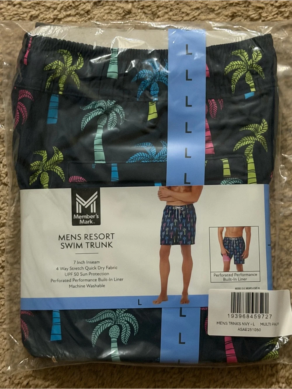 Men’s resort Navy Swim Trunks with Multicolor Palm Trees
